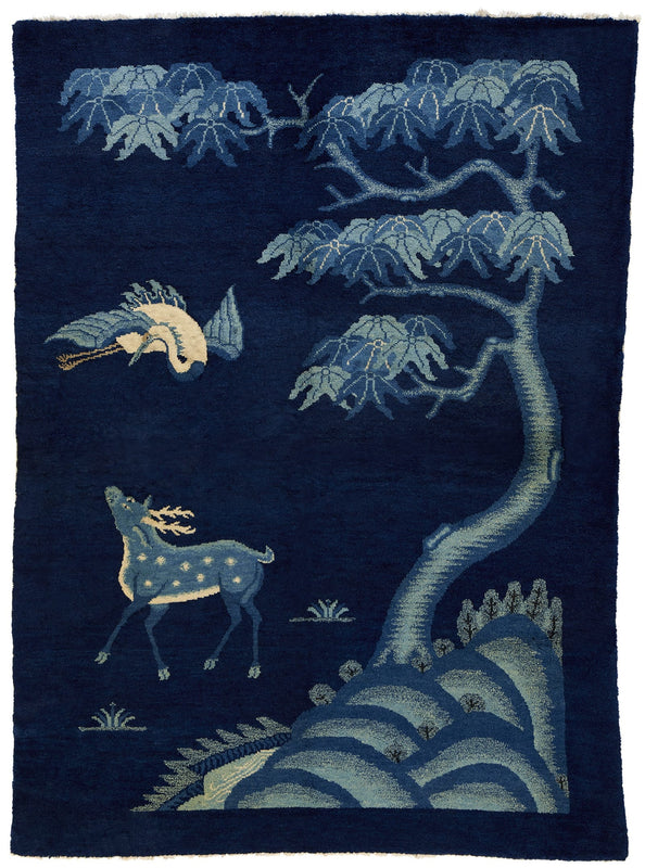 ANTIQUE CHINESE PAO TAO DO, BLUE - DEER AND CRANE 4' 4'' x 5' 9''