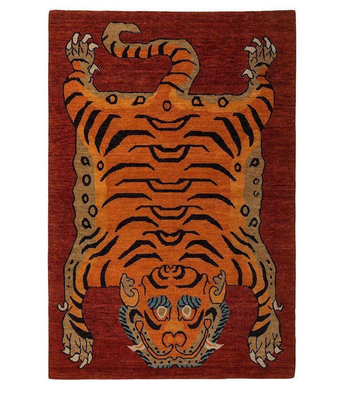 Rug & Kilim’s Classic Style Tiger Rug in Orange and Blue Pictorial Pattern